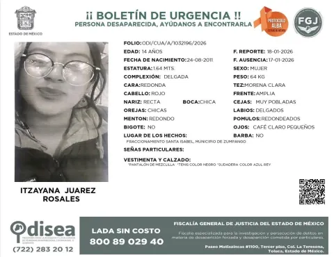 Activan alerta de búsqueda para localizar a Itzayana Juárez Rosales, de 14 años, en Zumpango