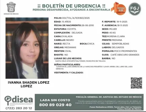 Solicitan ayuda para localizar a adolescente desaparecida en Toluca